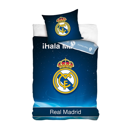 Real Madrid bedding - Blue reversible bedding set with logo and text - Hala Madrid - 140x200 cm - 100% cotton bedding - Football bedding