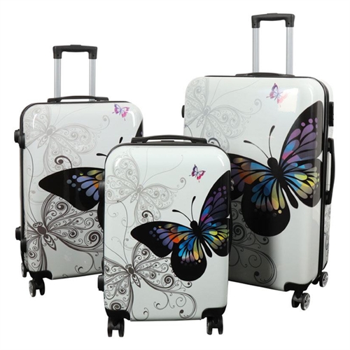Luggage set - 3 pcs. - Suitcase with motif - Butterfly white - Hard-shell lightweight suitcase with 4 wheels