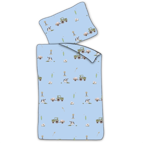Baby Bedding 70x100 cm - Blue Bedding Set with Tractor and Cows - 100% Soft Cotton Bed Linen