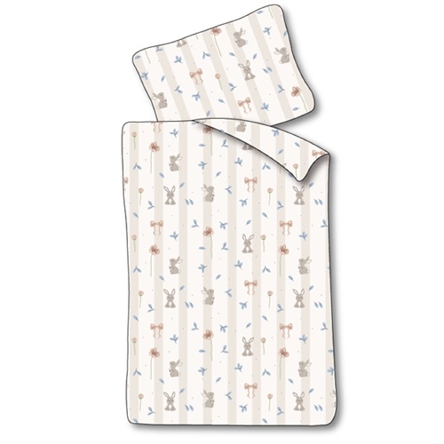 Baby Bedding 70x100 cm - White Striped Bedding Set with Rabbits and Flowers - 100% Soft Cotton Bedding