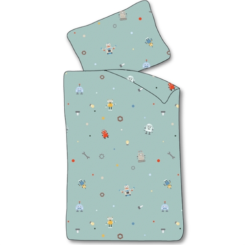 Baby bedding 70x100 cm - Blue bedding set with small robots - 100% soft cotton bed linen