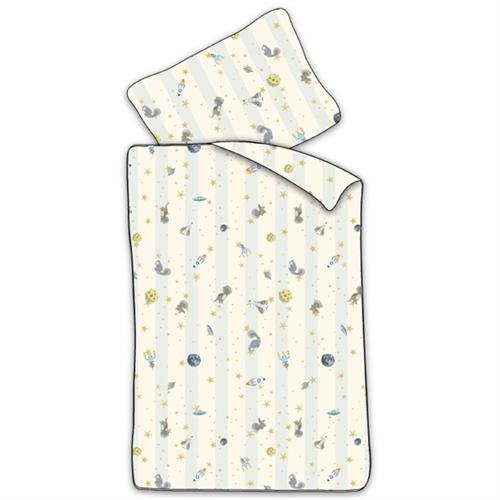 Baby Bedding 70x100 cm - White Striped Bedding Set with Dinosaurs and Rockets - 100% Soft Cotton Bed Linen