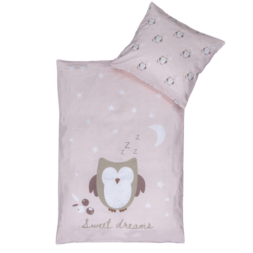 Owl Bedding 70x100 cm - Pink Baby Bedding Set with Sleeping Owl - Reversible Design - 100% Cotton Bed Linen - Nordstrand Home