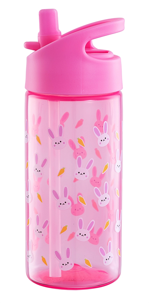 Water bottle with flip function and straw - Light pink with rabbits - Water bottle for children