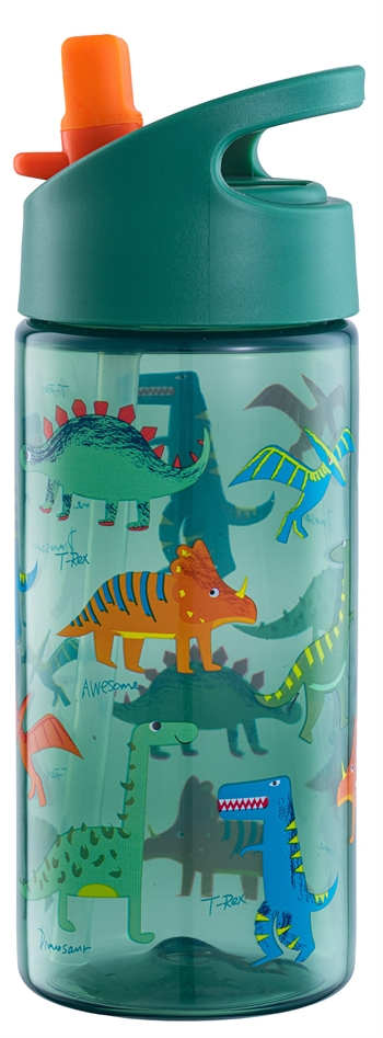Dinosaurs - Water bottle with flip-top function and straw - Green with dinosaur pattern