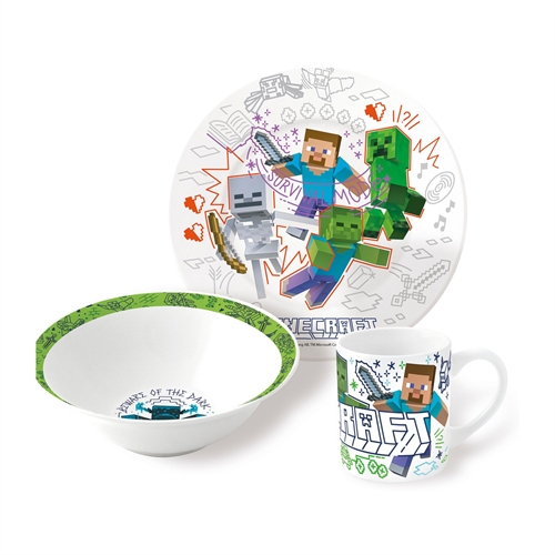 Minecraft children\'s ceramic dinnerware - 3-piece dining set for kids - Survival mode - Ceramic dinnerware set
