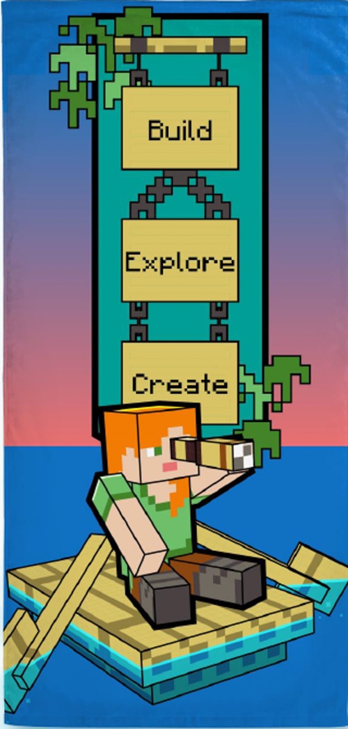 Minecraft Towel - 70x140 cm - Build Explore Create - 100% Cotton - Soft Bath Towel with Alex