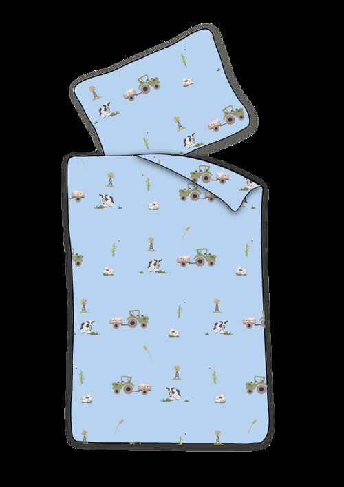 Junior Bedding 100x140 cm - Blue Bedding Set with Tractor and Cows - 100% Soft Cotton Bed Linen