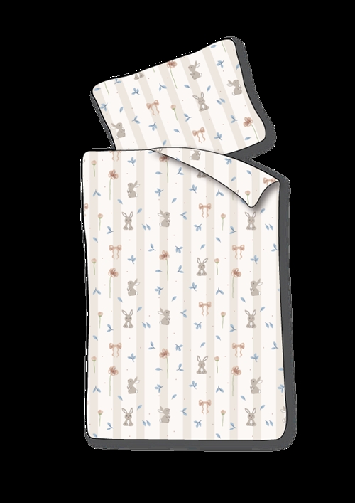 Junior Bedding 100x140 cm - White Striped Bedding Set with Rabbits and Flowers - 100% Soft Cotton Bed Linen