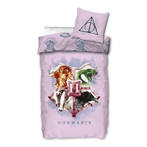 Harry Potter bedding - 140x200 cm - Pink with Hogwarts crest - Duvet cover with 2 in 1 design - 100% cotton