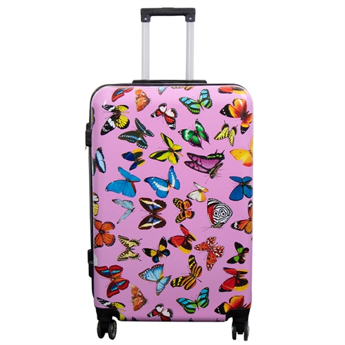 Large suitcase - Hard-shell suitcase with motif - Pink with butterfly design - Exclusive lightweight suitcase