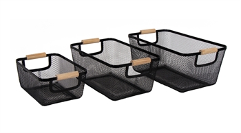 Wire basket set - 3 black wire baskets with wooden handles - Modern storage baskets