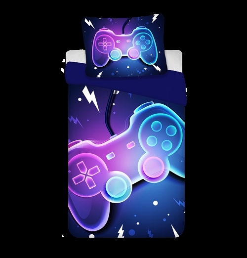 Gamer bedding 140x200 cm - Blue reversible bedding set with controller - 100% soft cotton bed linen