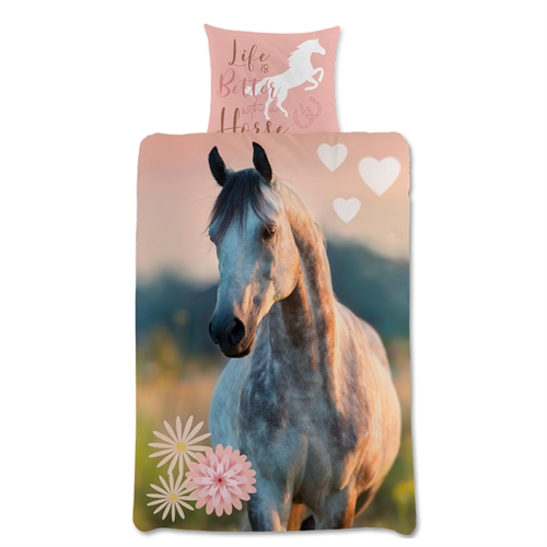 Horse bedding 140x200 cm - Beautiful romantic horse - 100% cotton bedding set