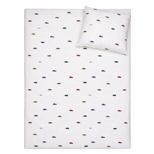 Baby bedding 70x100 cm - Beige bedding set with race cars - 100% soft cotton bed linen