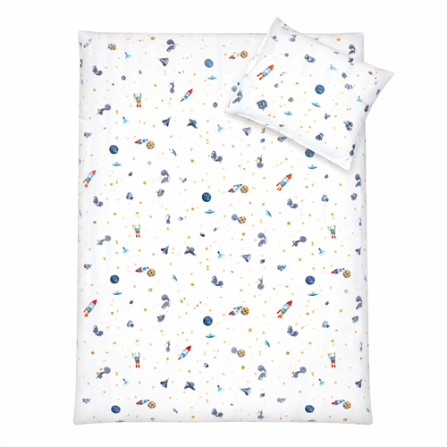 Junior bedding 100x140 cm - White striped bedding set with dinosaurs and rockets - 100% soft cotton bed linen