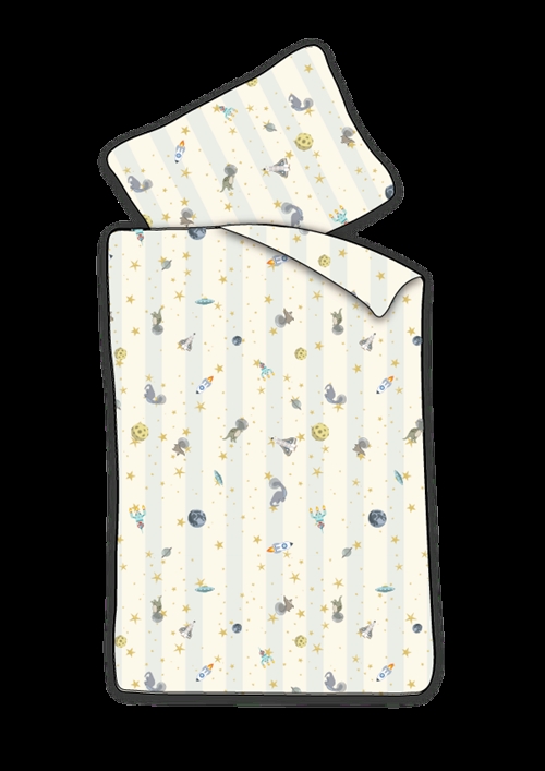 Junior Bedding 100x140 cm - White Striped Bedding Set with Dinosaurs and Rockets - 100% Soft Cotton Bed Linen